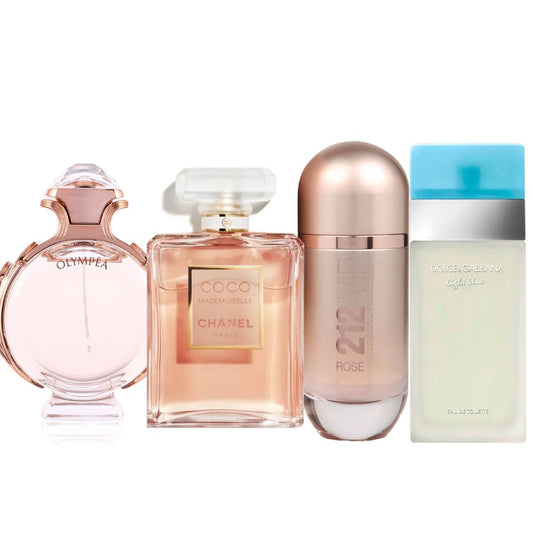 Promo Mujer PAGA 2 LLEVA 4 PERFUMES: Olympea + Coco Chanel Mademoiselle + GRATIS: CH 212 VIP Rose + GRATIS: D&G Light Blue