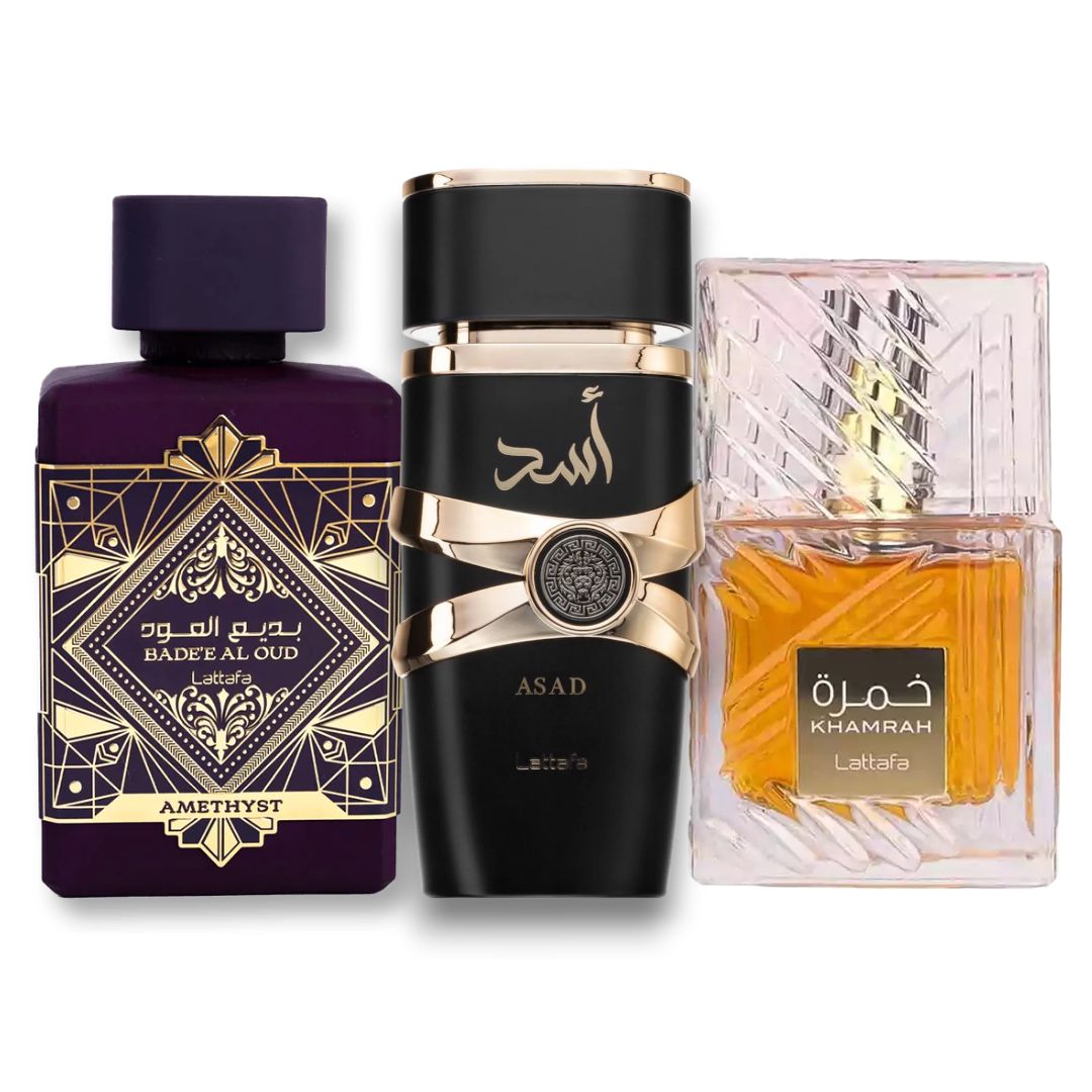 Promo Unisex Árabe 3 por 1: Lattafa Amethyst 100 ML+ Lattafa Asad 100 ML+ Lattafa Khamrah 100 ML