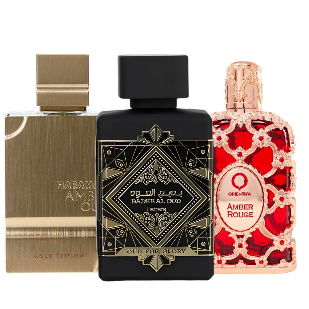 Promo Unisex Paga 1 lleva 3: Al Haramain Gold Edition + Lattafa Oud For Glory + Orientica Amber Rouge