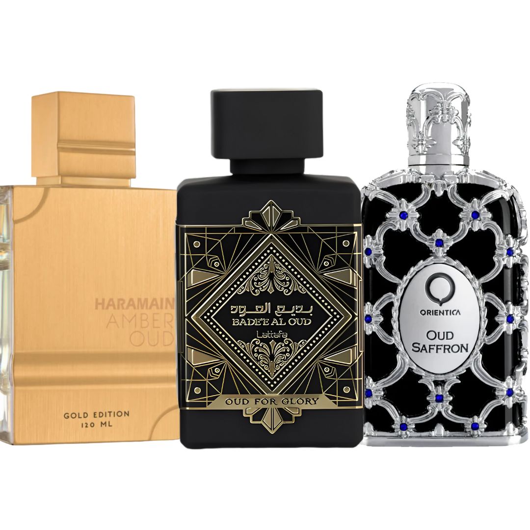 Promo unisex 3 por 1: Al Haramain Amber Oud Gold 120 ML + GRATIS: Lataffa Oud For Glory 100 ML + GRATIS: Orientica Oud Saffron 100 ML