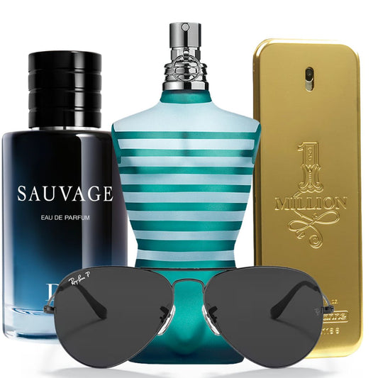 Promo: 3 Pefumes (Dior Sauvage + Le Male JPG + One Million Rabanne) + Gafas Ray-Ban.