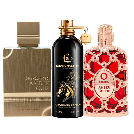 Promo Árabe Unisex 3 por 1: Al Haramain Gold + Montale Arabians Tonka + Orientica Amber Rouge