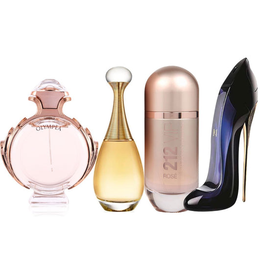 Promo Mujer PAGA 2 LLEVA 4 PERFUMES: Olympéa Rabanne + J'adore Dior + GRATIS: 212 VIP Rosé Carolina Herrera + Good Girl CH