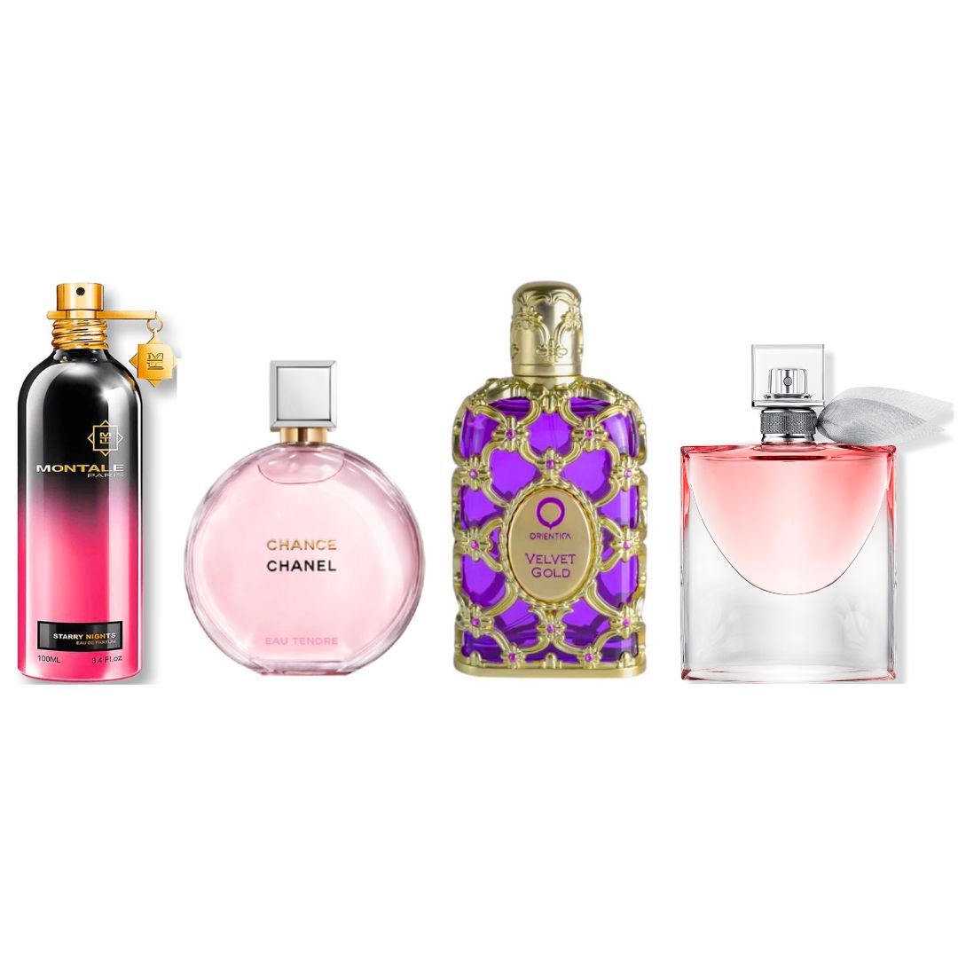 Promo mujer: Montale Starry night 100 ML + Chanel Chance Tendre 100 ML+ Orientica velvet gold 80 ML + La Vie Est Belle 75 ML+ Envío GRATIS