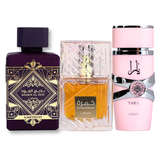 Promo Paga 1 Lleva 3: Lattafa Amethyst 100 ML+ Lattafa Yara 100 ML+ Lattafa Khamrah 100 ML